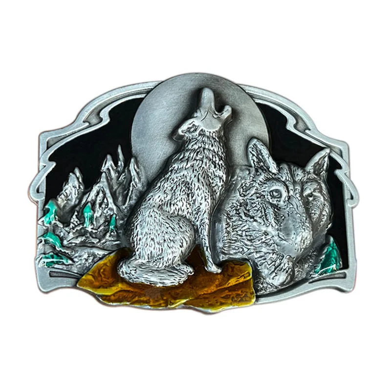 Zinc alloy moonlit wolf howl belt buckle western cowboy accessory