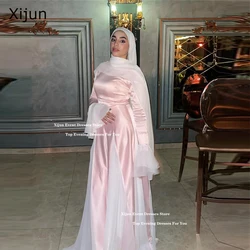 Xijun Pink Satin Chiffon Evening Dresses A-Line Saudi Arabric Floor Length Prom Dresses Modest Long Formal Prom Gowns Customized