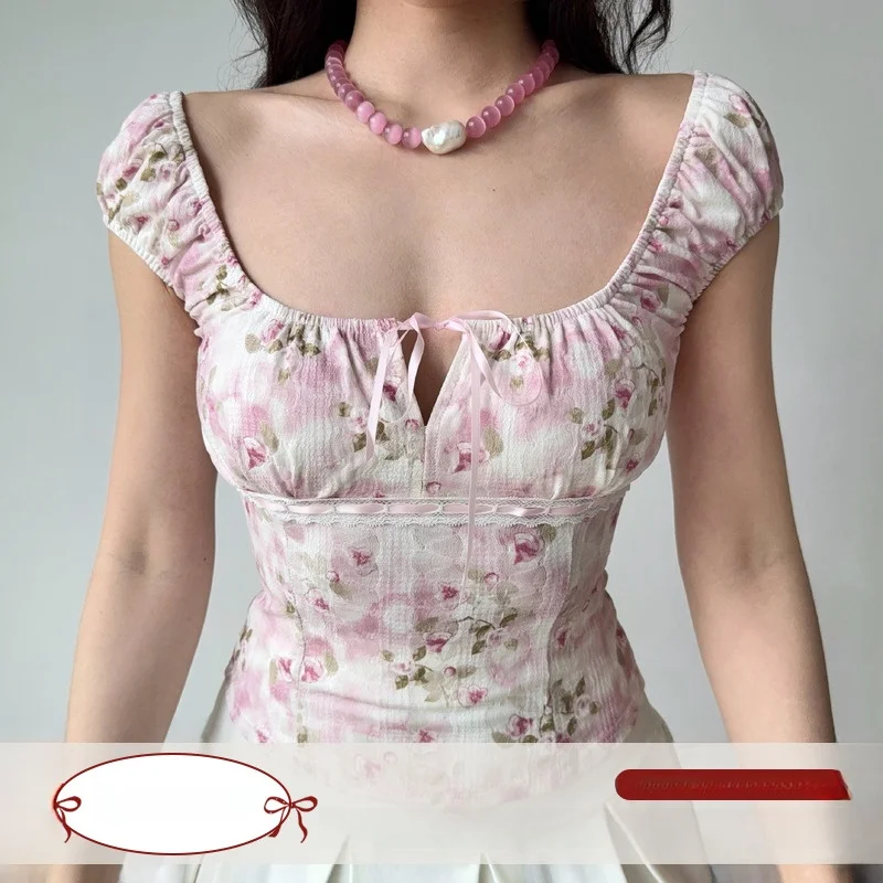 Go Girl Go Retro Style Square Collar Bubble Sleeve Printed T-Shirt Women Hollow out Belted Slim Fit Top Floral Plant Pattern