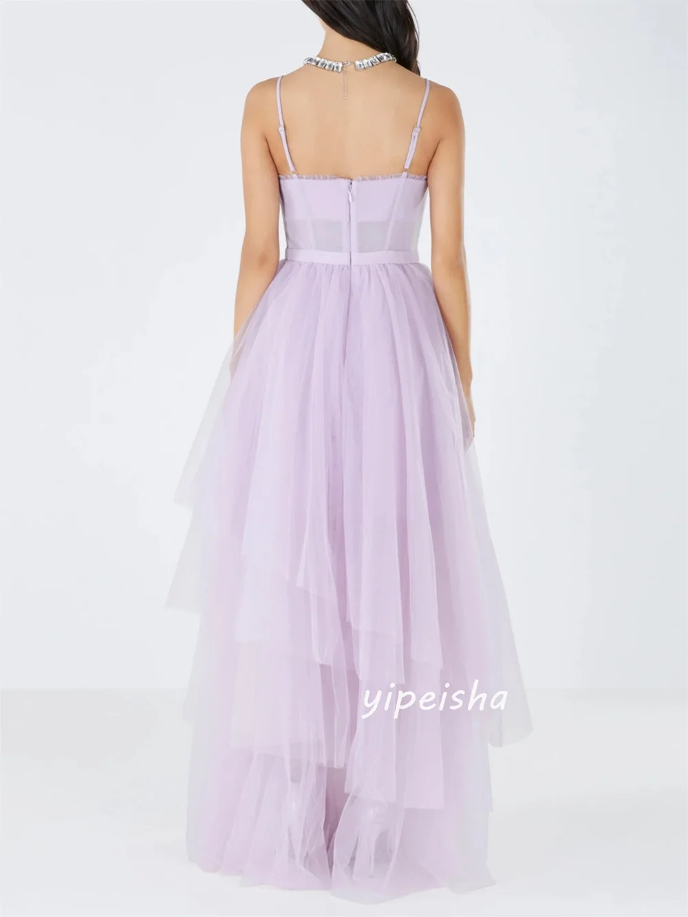 Customized Purple Modest Sizes Available Tulle Pleat Ruched Tiered A-line V-neck Floor-Length Evening Dresses High Quality
