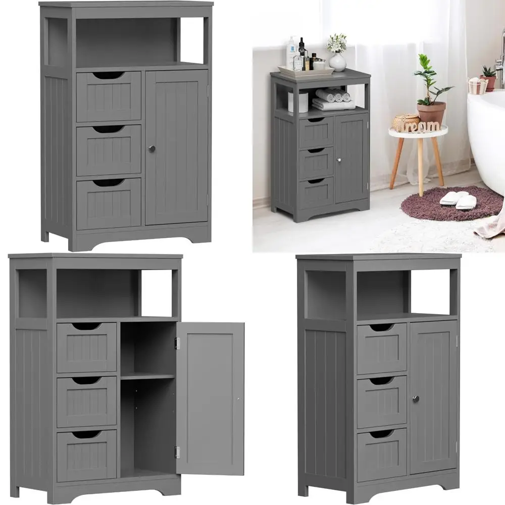 

wooden floor cabinet with adjustable shelves and 3 drawers, contemporary free-standing storage for living spaces