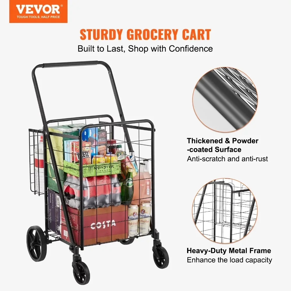 Cart 110 lbs Rolling Grocery Laundry Cart Utility Trolley with Double Baskets Swivel Wheels Adjustable Handle