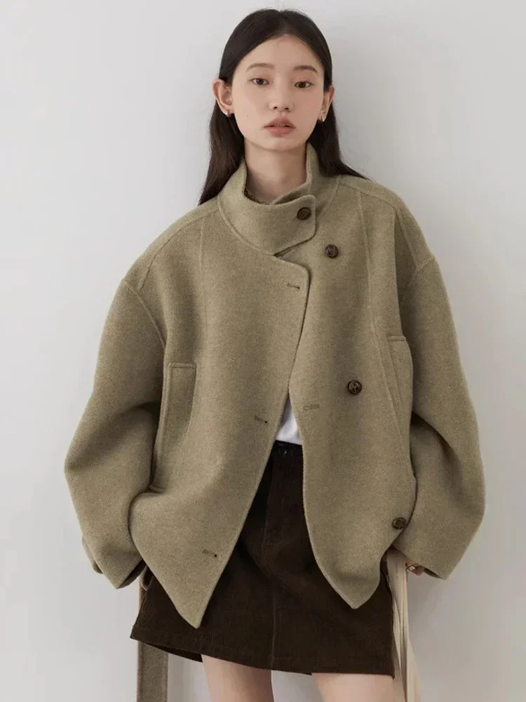 CHIC VEN Women\'s Double-sided Belt Woolen Coat Short Loose Overcoat Solid Female Outerwear Woman Jackets Autumn Winter 2026