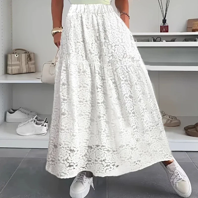 Office Lady Elegant Emboridery Lace Skirts Women Sexy High Waist Pocket A-Line Long Skirt Summer Jacquard Crochet Vacation Skirt