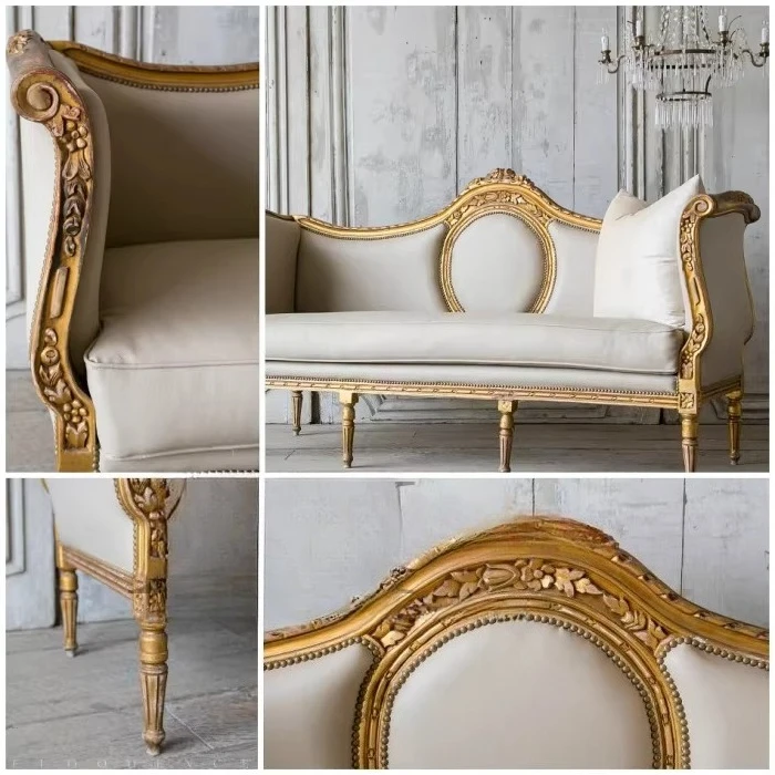 Solid wood sofa  Versailles palace luxury hand-carved old gold-painted three-seater sofa