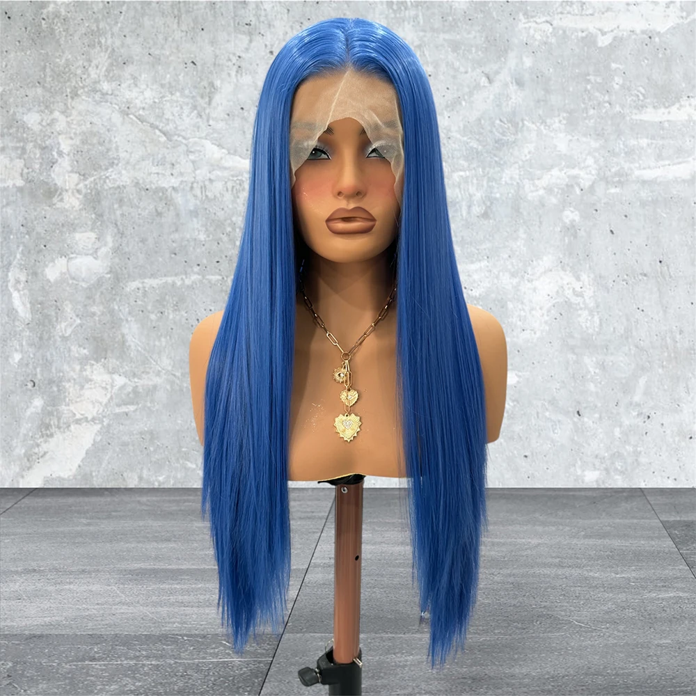 Azul longo peruca de renda reta cabelo sintético azul escuro peruca de seda staright perucas de renda frontal resistente ao calor para uso diário feminino