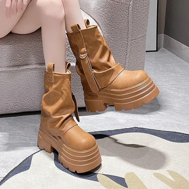 10CM Women's High Platform Warm Fur Motorcycle Boots Punk Buckle Strap Combat Booties Woman Thick Bottom Plush Mid Calf Boots