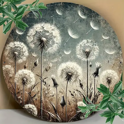 1pc 20x20cm Round Aluminum Metal Tin Sign Vintage Dandelion Fantasy Decorative Wall Art for Living Room Bedroom Kitchen Cafe