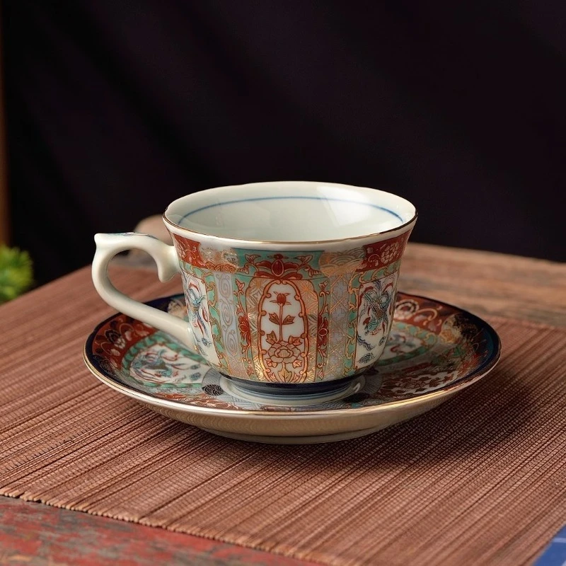 

Japanese Kikui Style Koimari Porcelain Tea Cup Coffee Cup Saucer Set Vintage Gold Trim Elegant Gift Box for Home Use Coffee Mug
