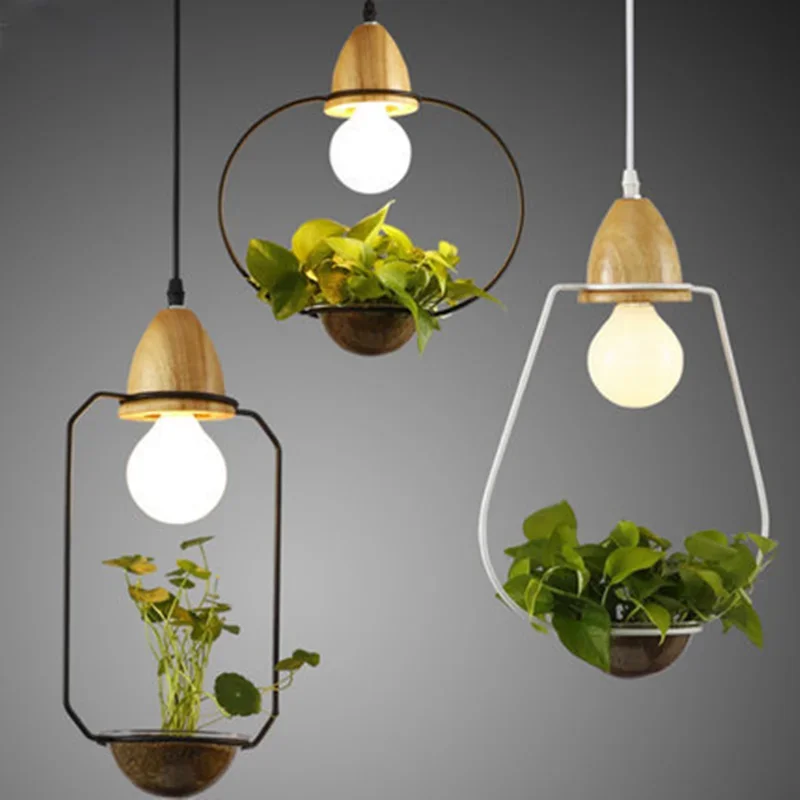 Art Deco  Plant Pendant Light With Wood Base  Creative Rustic Pot Culture Hanging Lamp For Dining Room Cafe Bar Restaurant