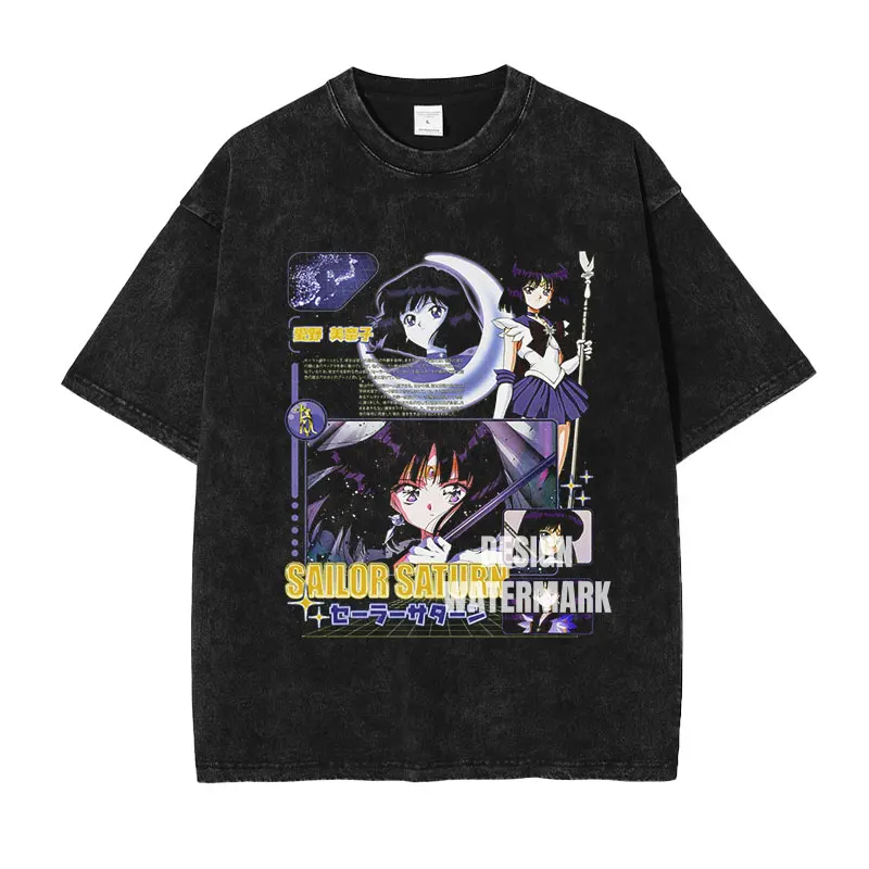 

Sailor Moon Sailor Saturn Hotaru Tomoe Acid Wash Oversized Black T-Shirt 2026 Summer Anime Streetwear Graphic Tee