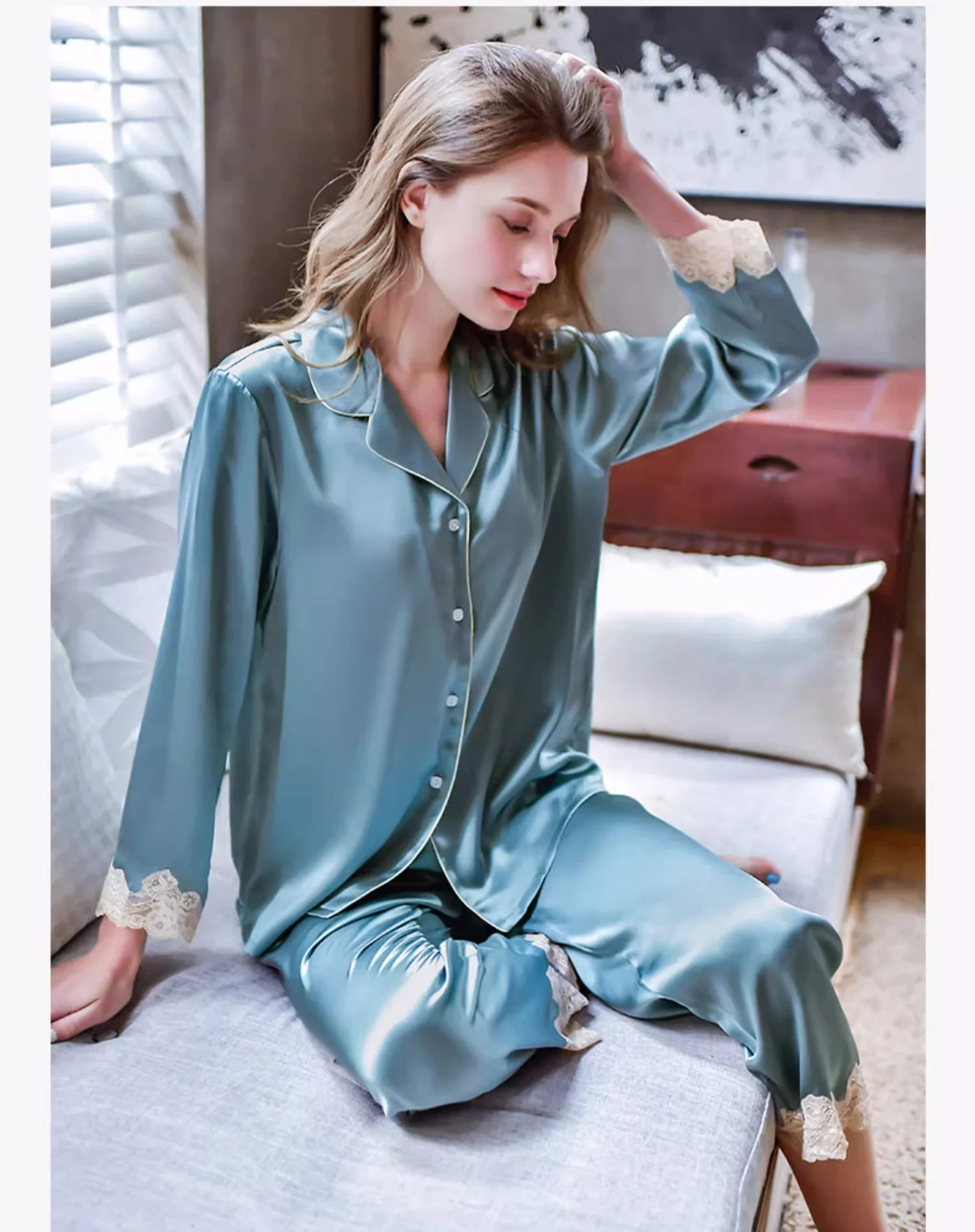 

Factory Price Two-Piece Ladies Set Pajamas for Sleeping Woman Long Silk Nightgowns Silk Sleepwear Pajama Sets Women Pyjamas