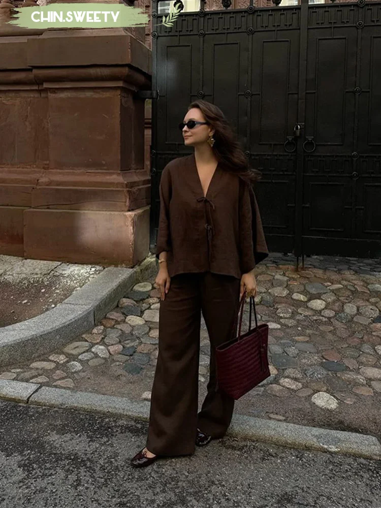 

Brown Loose Cotton Linen Set Women's Loose V-neck Long Sleeved Wide Leg Pants Two-piece Suit 2025 New Summer Holiday Street Wear