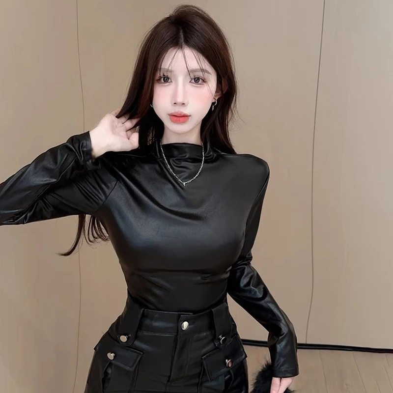 

Aesthetic Fashion Bright Half High Collar Top Women's Slim Solid Color Fashion Versatile Long Sleeve T-Shirt Elastic Base Top