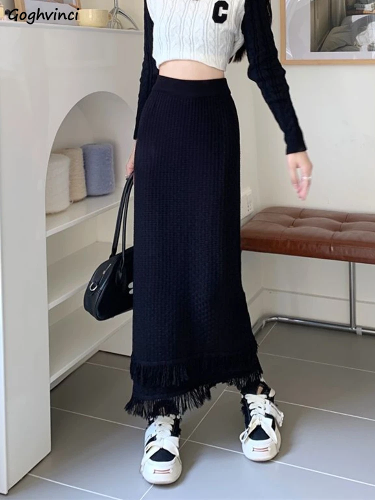 

Вязаные юбки женские элегантные с кисточками осень-зима темперамент женские корейский стиль с высокой талией универсальные уютные простые винтажные миди