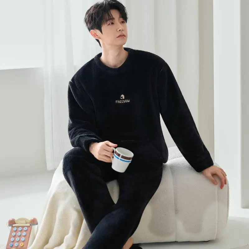 Autumn Winter Thicken Men Pajamas Set Coral Fleece Round Neck Homewear 2 Pcs Thick Shirt&pants Loungewear Sleepwear Suit