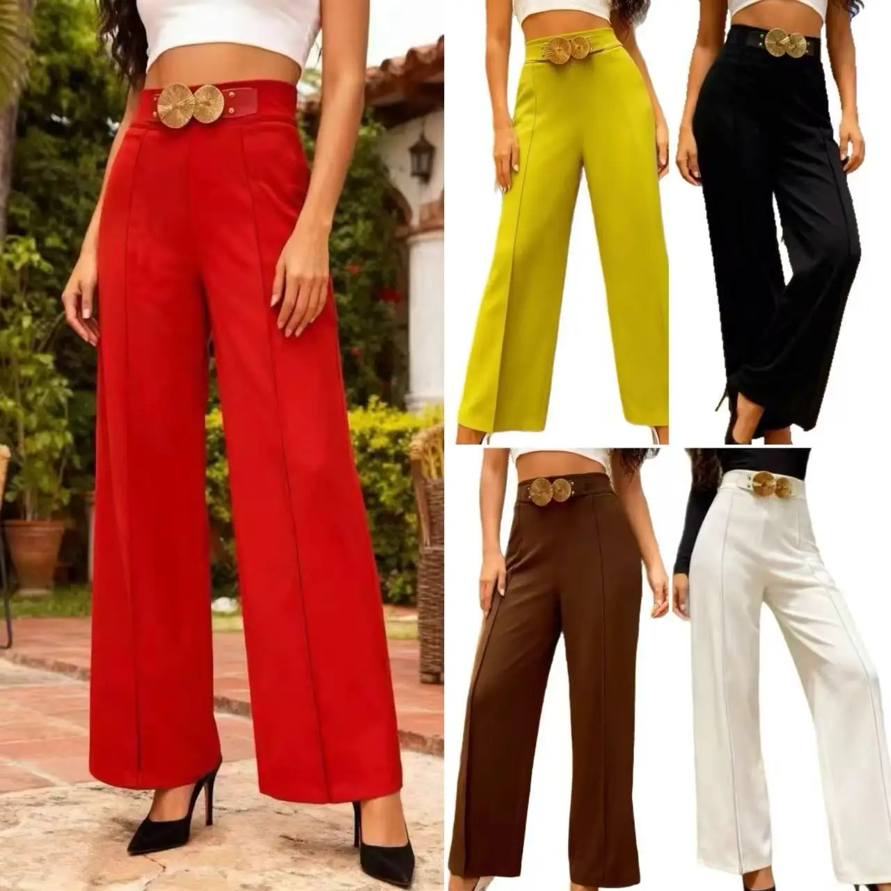 

High Waist Wide Leg Casual Straight Leg Pants Faionable Comfortable Women's Autumn Polyester Fiber Color Trousers