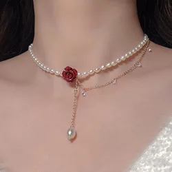 Dainty Sweet Red Rose Flower Charm Pendant Chain Necklaces for Women Girls, Simulated Pearl Beads Necklace Gothic Collar