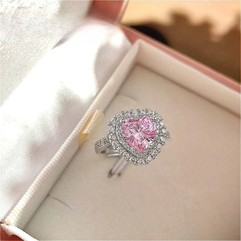 925 sterling silver cherry blossom pink diamond heart ring with full diamonds and floral patterns, a niche product.