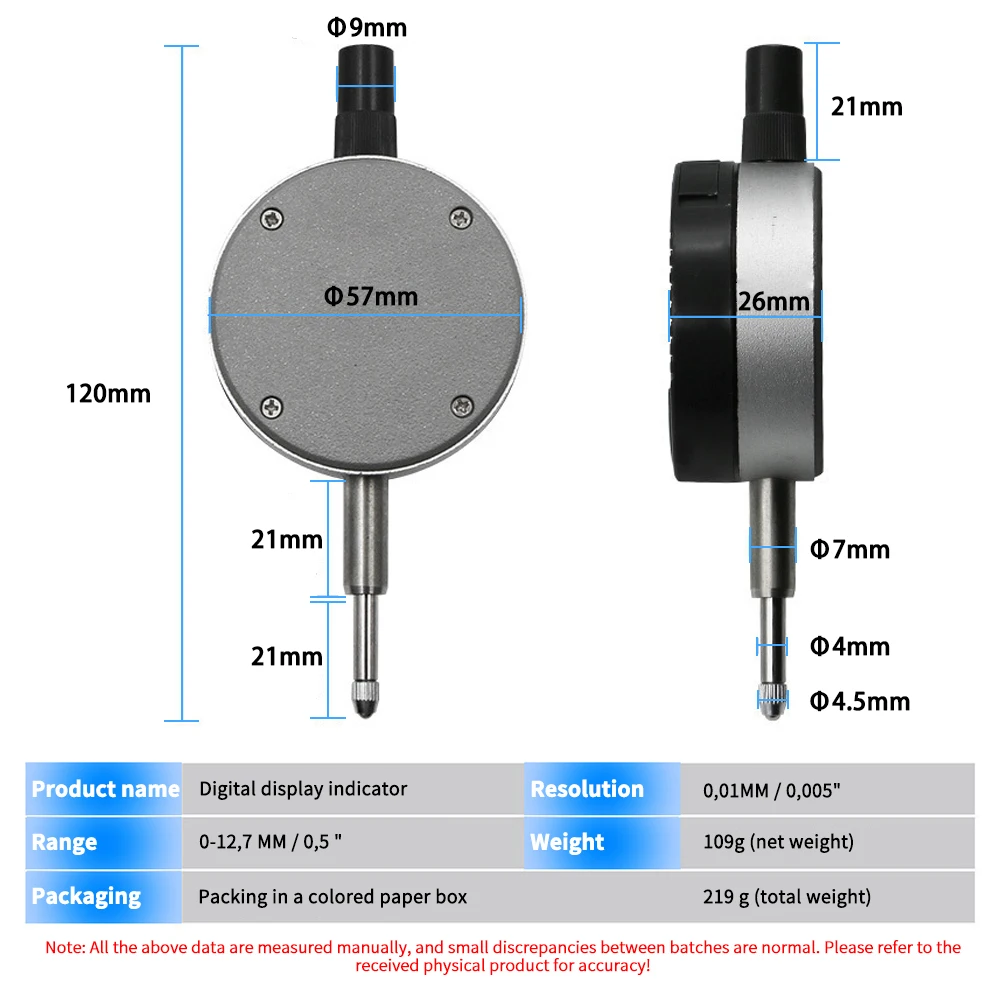 Digital Dial Indicator 0-12.7mm/0.5\'\' 0.01mm with Mini Magnetic Base Holder Adjustable Universal Gauge Caliper Measuring Tools