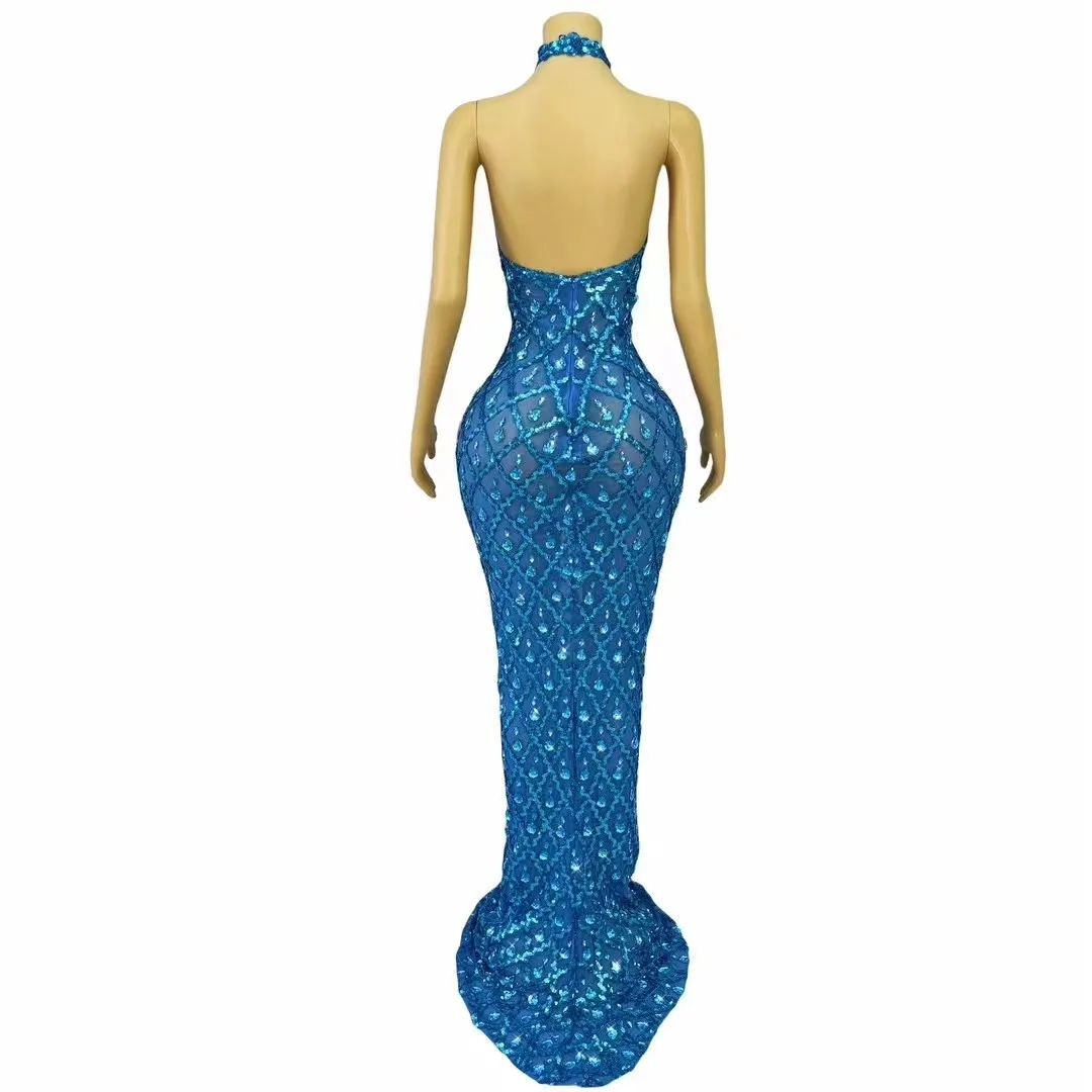 Sexy Stage Luxury Shining Rhinestones Halterneck Backless Dress Women Party Evening Elegant Gown Stage Photoshoot Costume