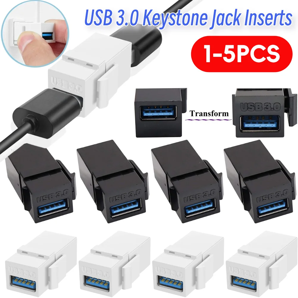 5-1PCS USB 3.0 Keystone Jack Inserts USB Female to Female Adapter Right Angle Coupler Connector for Wall Plate Outlet Panel