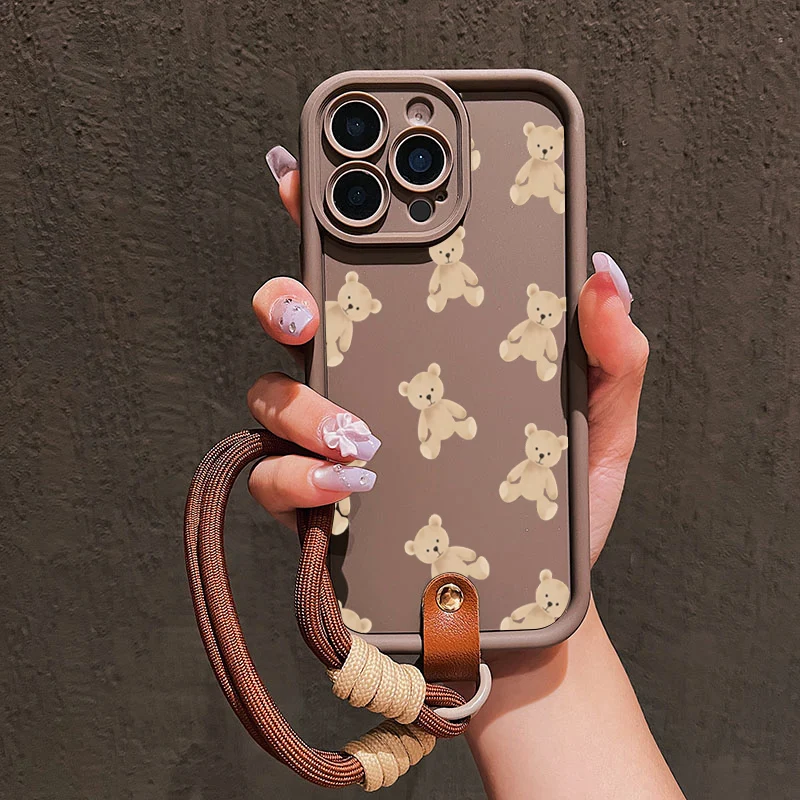 Cute Bear Silicone Soft Lanyard Strap Rope Phone Case For iPhone 17 16 15 Pro Max 14 13 12 11 Pro 16E 17 Air 7 8 15 Plus Cover