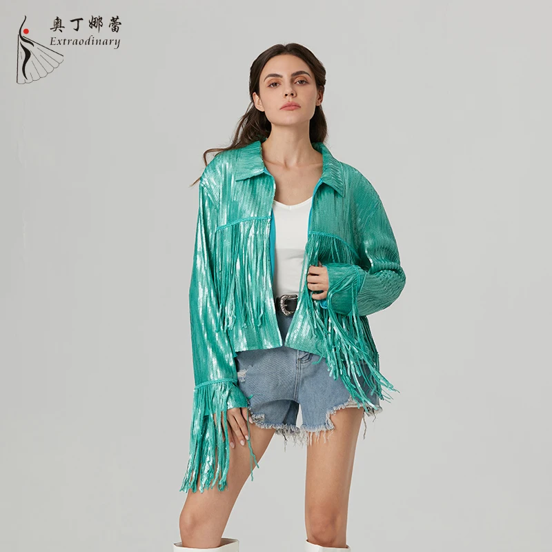 

Fashion Mint green Fringe Jacket cool girl western cowboy matte Sequin Jacket