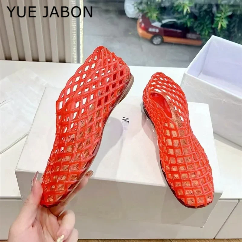 New Summer Plastic Jellies Single Shoes Women Woven Mesh Ballet Flats Sandals Round Toe Transparent Hollow Design Beach Shoes