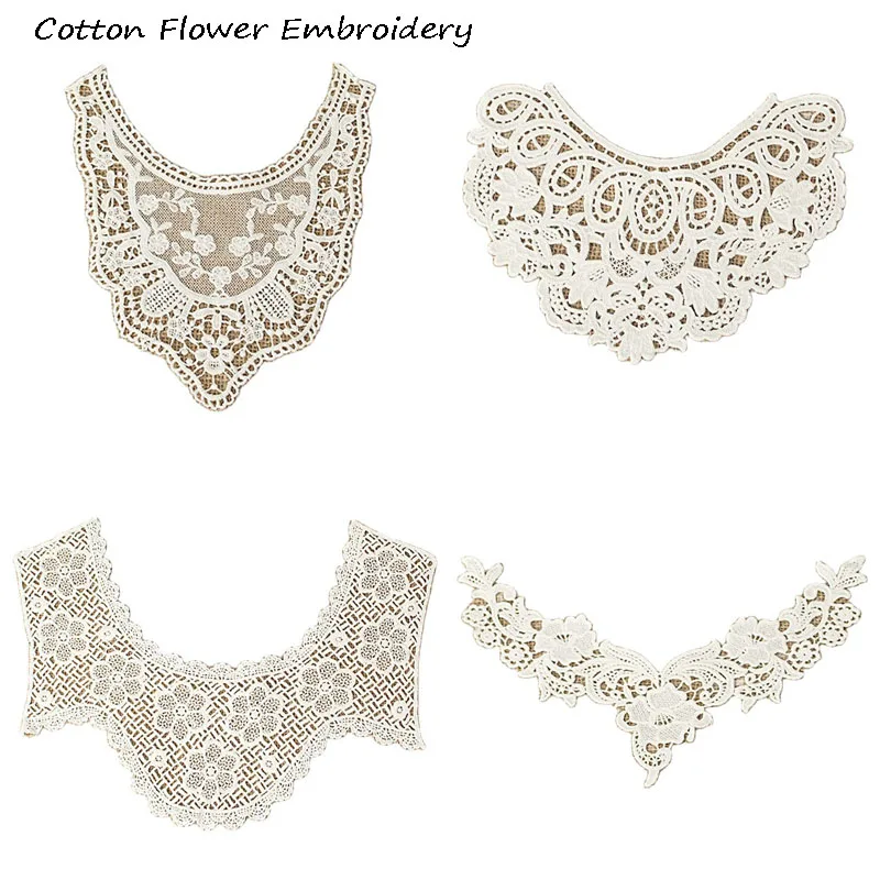 NEW White cotton embroidery rose flower collar Fabric Sewing Applique DIY ribbon neckline wedding Womens dresses cloth decor