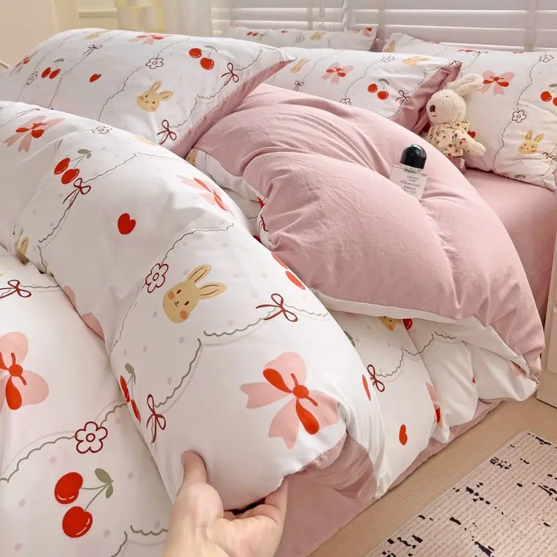 Simple Lattice Bedding Set Boys Girls Twin Queen Size Washed Cotton Flat Sheet Pillowcase Bed Linens Adults Floral Home Textiles