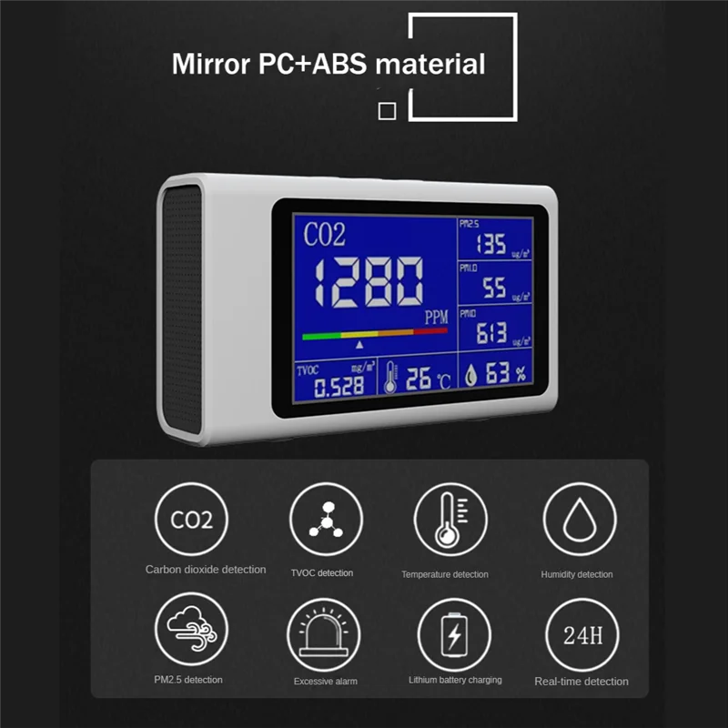 مراقب البيئة NDIR الأشعة تحت الحمراء CO2 PM2.5TVOC كاشف درجة الحرارة والرطوبة جودة الهواء