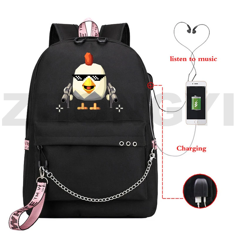 

Classic Game Chicken Gun USB Charging Backpacks Student Top Quality Canvas Anti Theft Schoolbags Fashion Casual Bags for Women