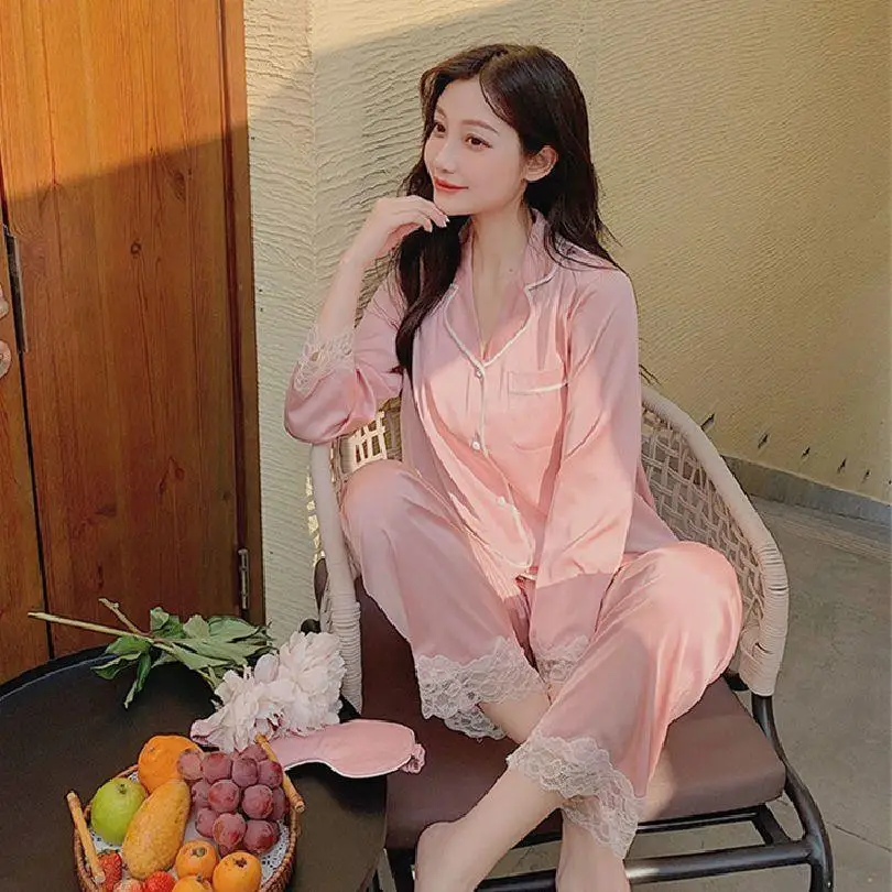 Ladies 2 Sets Of Spring, Autumn And Summer Models Of Pajamas Female High-End Ice Silk Thin Section Silk Sweet Loose Homewear