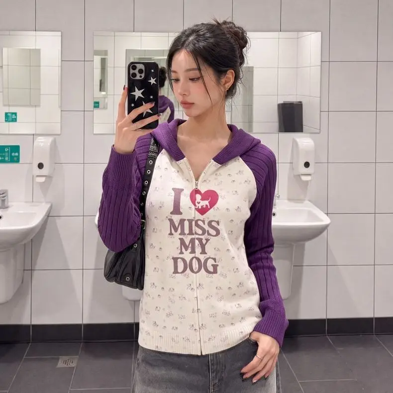 American Retro Cartoon Dog Letter Printed Color Blocking Hooded Zipper Knitted Cardigan Women Loose All Match Casual Sweater