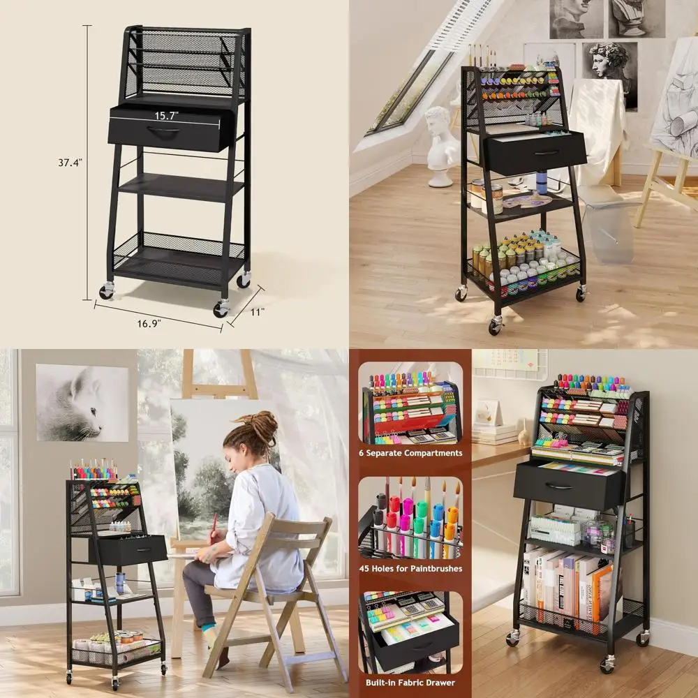 

Трехуровневая металлическая тележка на колесиках - для хранения и организации художественных, ремесленных, домашних или офисных принадлежностей (черная)