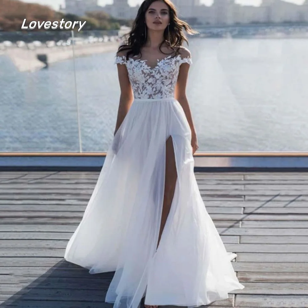 

Customized Boho A Line Lace Wedding Dresses New Sweetheart Bridal Dress Cap Sleeve Split Bridal Gowns Vestido De Novia