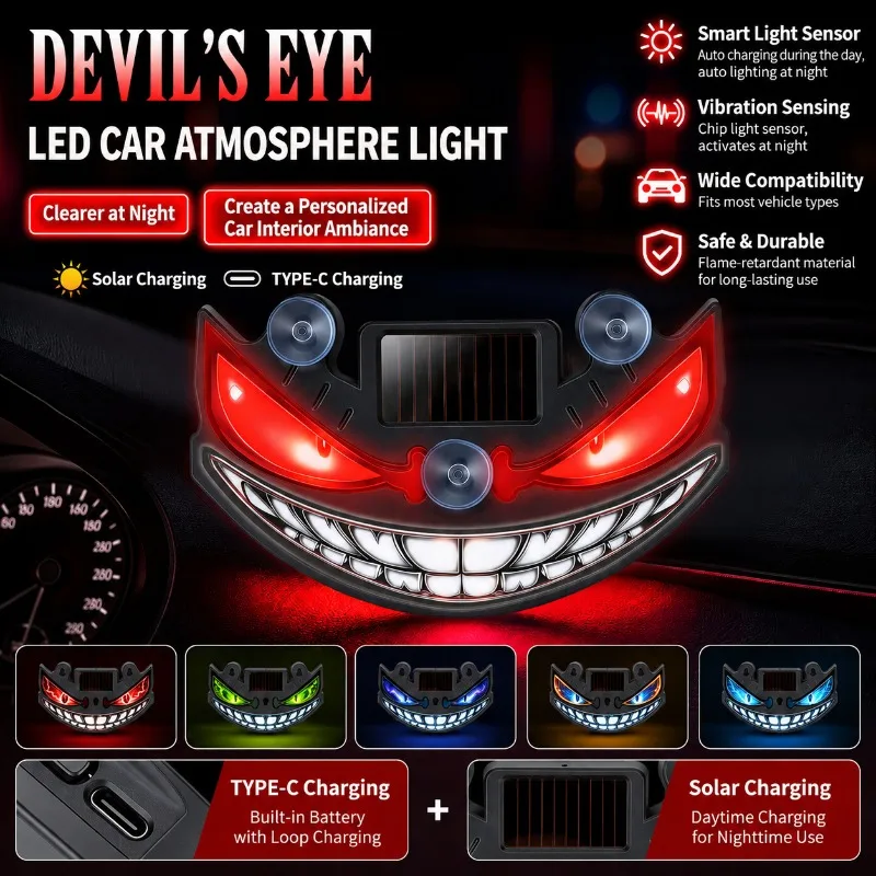 Solar‑Charging Demon‑Eye LED Ambient Lamp Wireless Non‑Wiring Auto Interior Decor Light Rechargeable Illuminant Stylish Vehicle