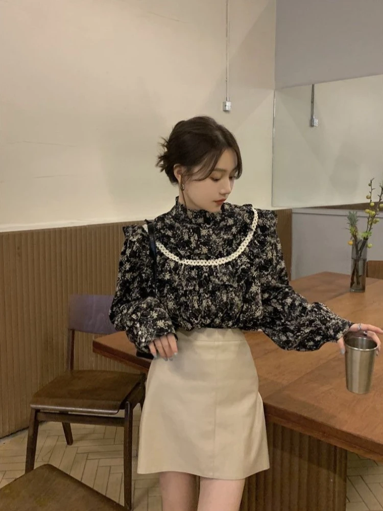 

Женская блузка в корейском стиле на весну-осень, с ретро-цветочным принтом, воротником-стойкой, свободного кроя, уникальная, с длинным рукавом, модная