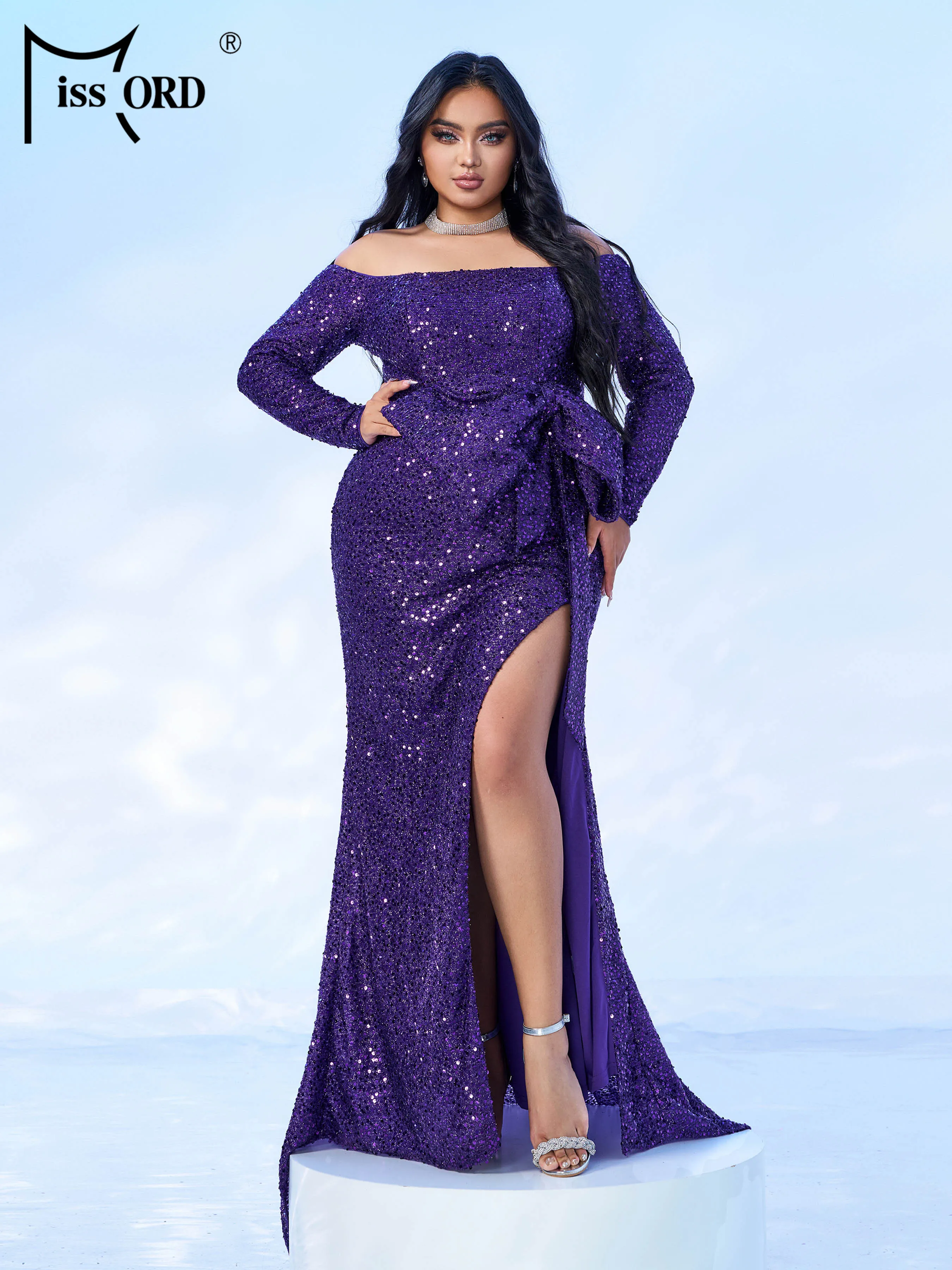 Missord Plus Size con spalle scoperte Maxi maniche lunghe con paillettes Abito da sera diviso Matrimonio Festa di compleanno Abito lungo fino al pavimento di grandi dimensioni