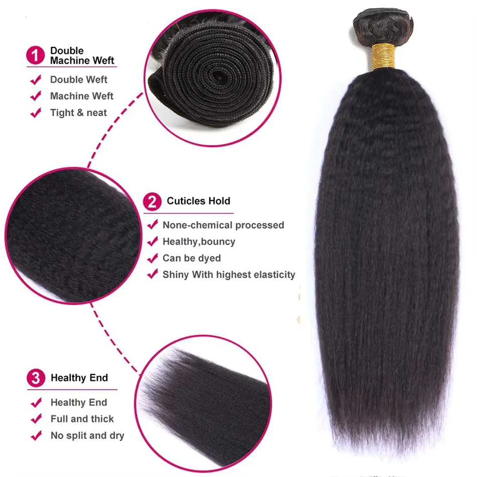 Human Hair Bundles With Closure Kinky Straight Peruvian Raw 3 4 Bundle With 4x4 5x5 HD Lace Closure Yaki Weave With 13x4 Frontal image 4