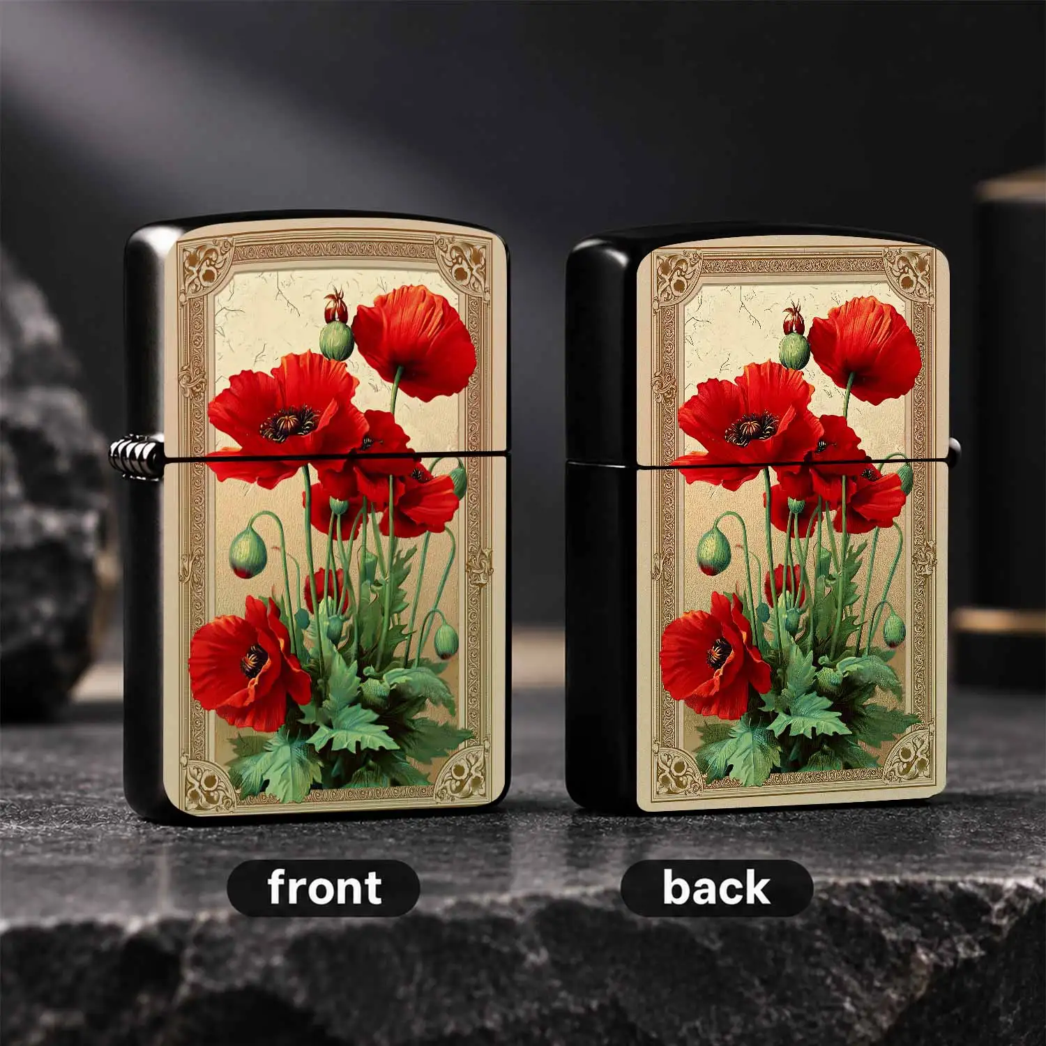 Vintageart Pattern Lighter Ornate Gold Embossed Decorative Frame Vivid Red Floral Artwork Exquisite Retro Craftsmanship Portable Practical Accessory For Daily Use Outdoor Camping Travel Gathering Elegant Aesthetic Decor A Humorous And Inter