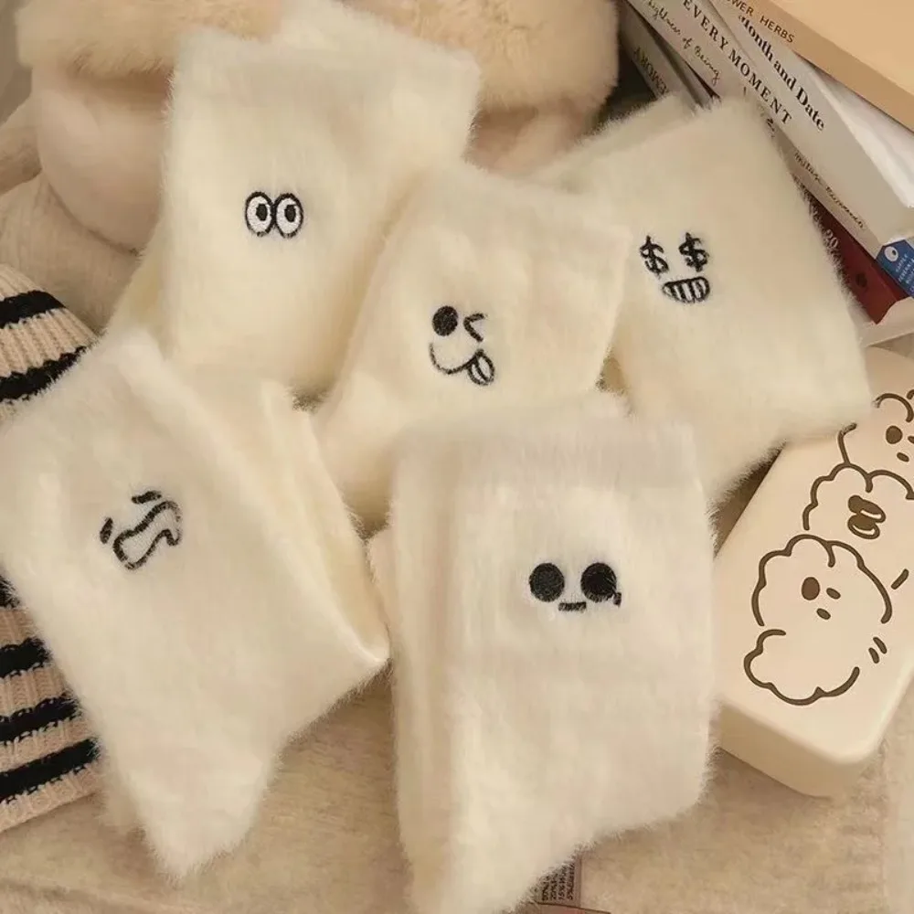 White Mink Plush Thickened Socks Winter Warm Cartoon Expression Plush Stocking Fashionable Girls Cold-proof Home Floor Sox Sock