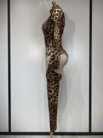 Women 2025 Stretch Leopard Print Sexy Bodycon Jumpsuit Bar Nightclub Singer Dancer Luxury Diamond Stage Performance Outfit - Image 3
