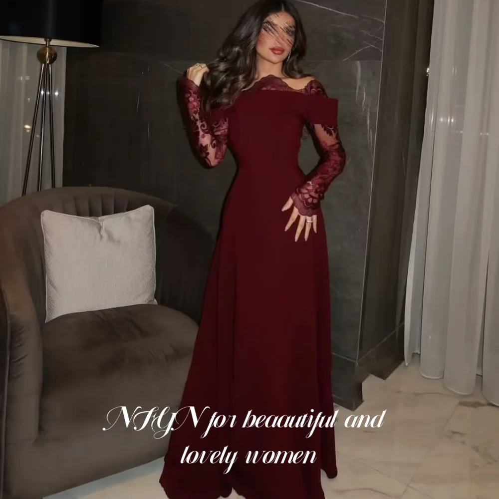 

NFYN Burgundy Elegant Formal Gown Off-Shoulder Long Sleeves Prom Dresses Satin Lace Evening Dresses for Woman 프롬 드레스 Customized
