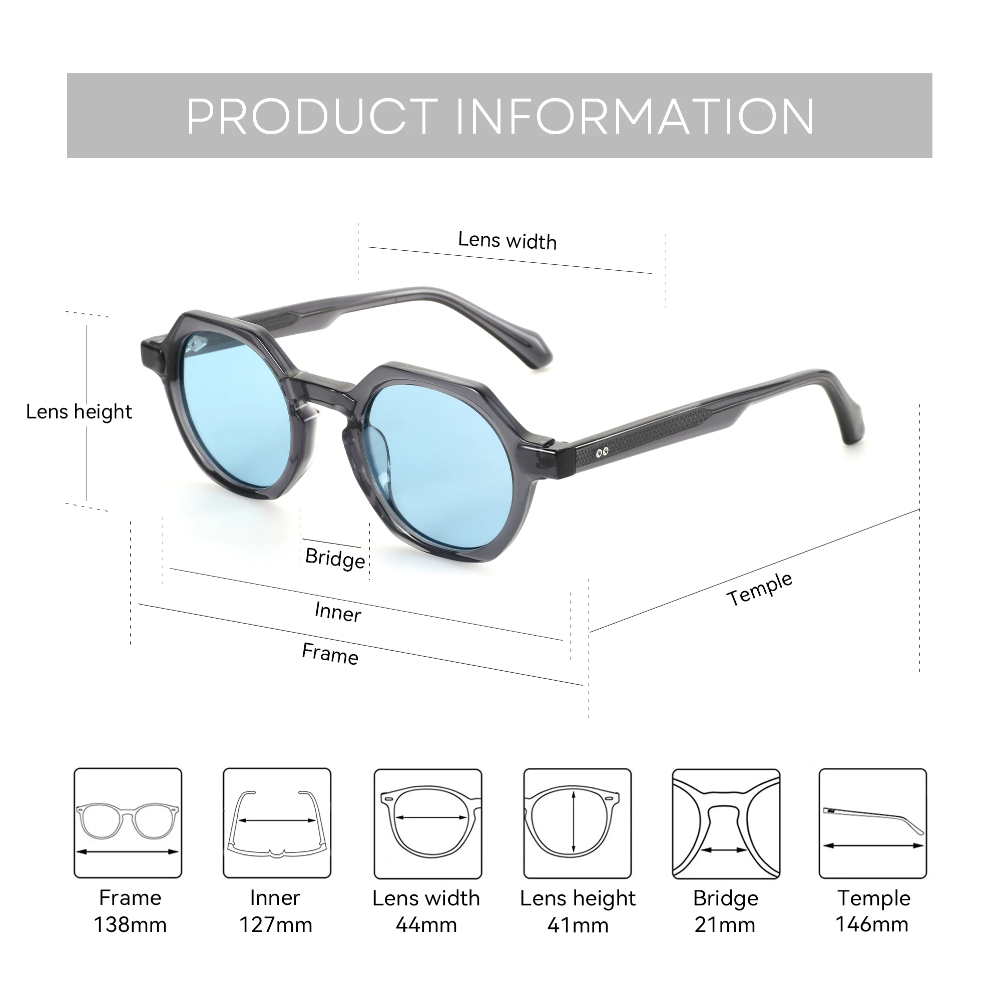 نظارات شمسية BLUEMOKY مقاس S عصرية مضلعة للجنسين بإطار خلات وتصميم أنيق وحماية من الأشعة فوق البنفسجية 400