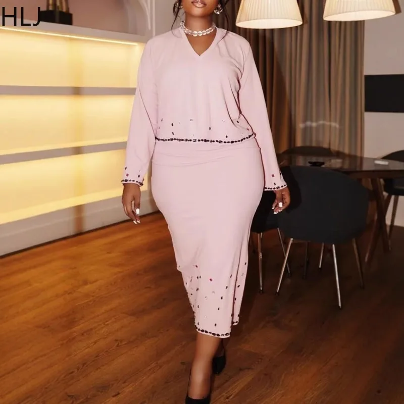 Hlj elegante rosa strass retalhos 2 peça define mulher outfit mangas compridas decote em v topos + saia combinando ternos feminino escritório