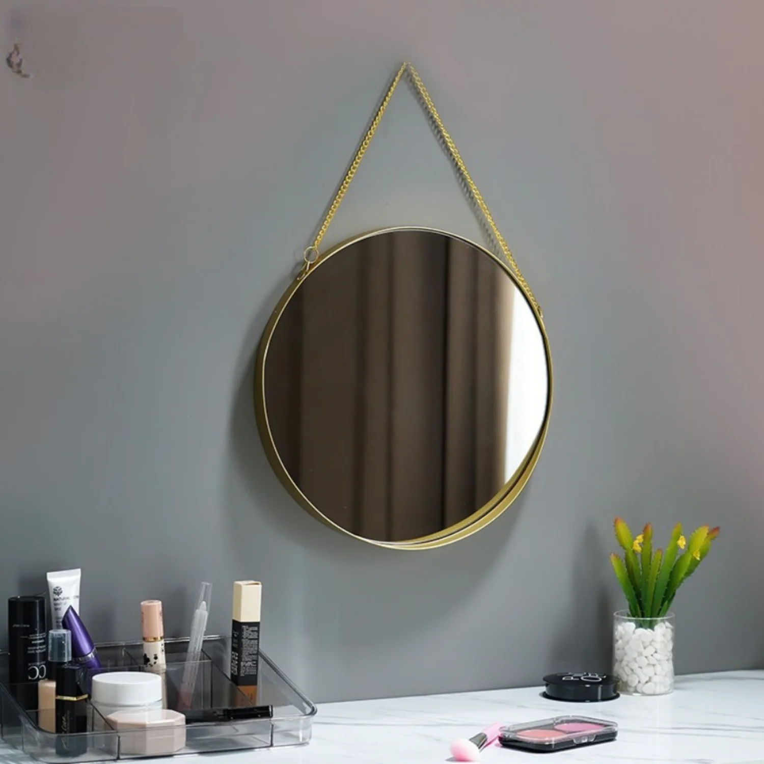 1pc Round Wall Mirror, Golden Hanging Vanity Mirror, Punched-Free Bathroom & Dorm Decor, Cosmetic Makeup Mirror With Chain