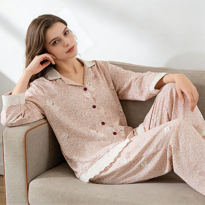 Skin-Friendly Pure Cotton Women's Pajamas Ultra Soft Breathable Floral Lace Trim Patchwork Button-front Sleepwear Loungewear Set