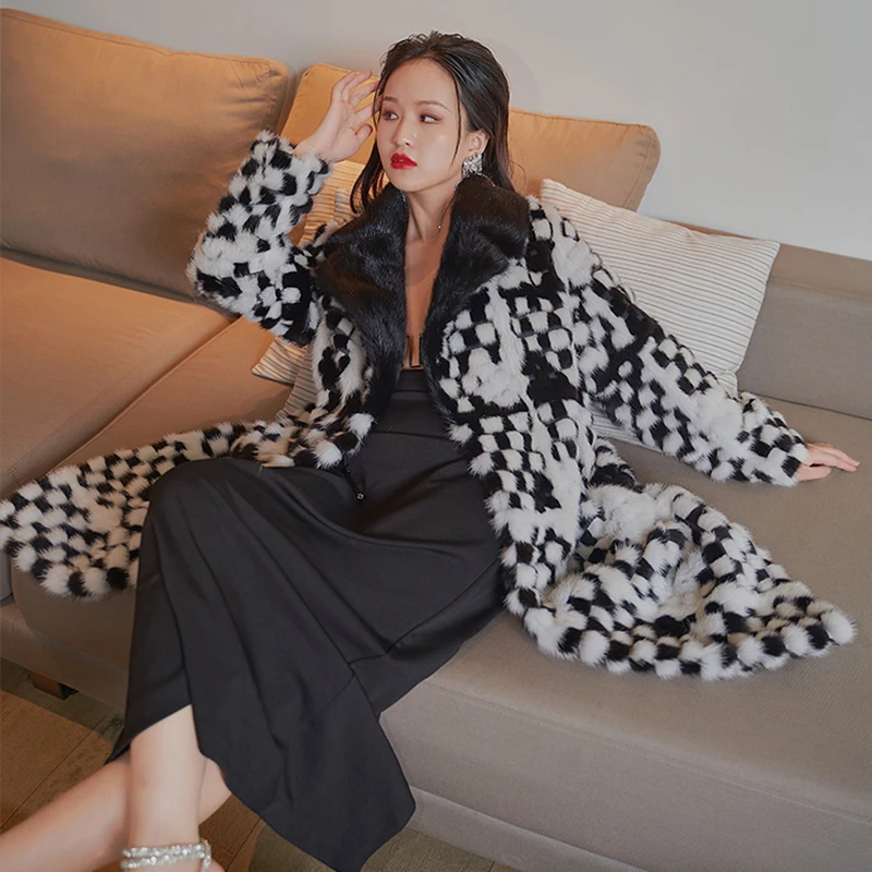 Ftangaiur Winter Women Import Velvet Mink Fur Coat Turn-Down Collar Checkerboard Mink Coats Women's X-Long Real Mink Fur Coats